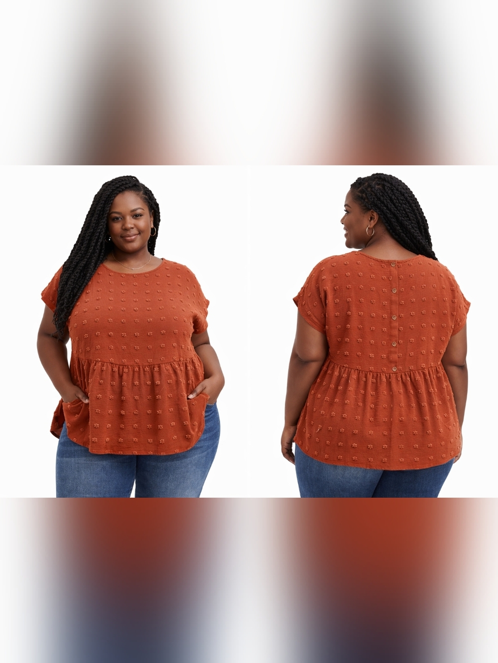 Plus Size Rust Orange/ Terracotta Colored Textured Peplum Shirt Size 3XL (18) - Picture 3 of 6